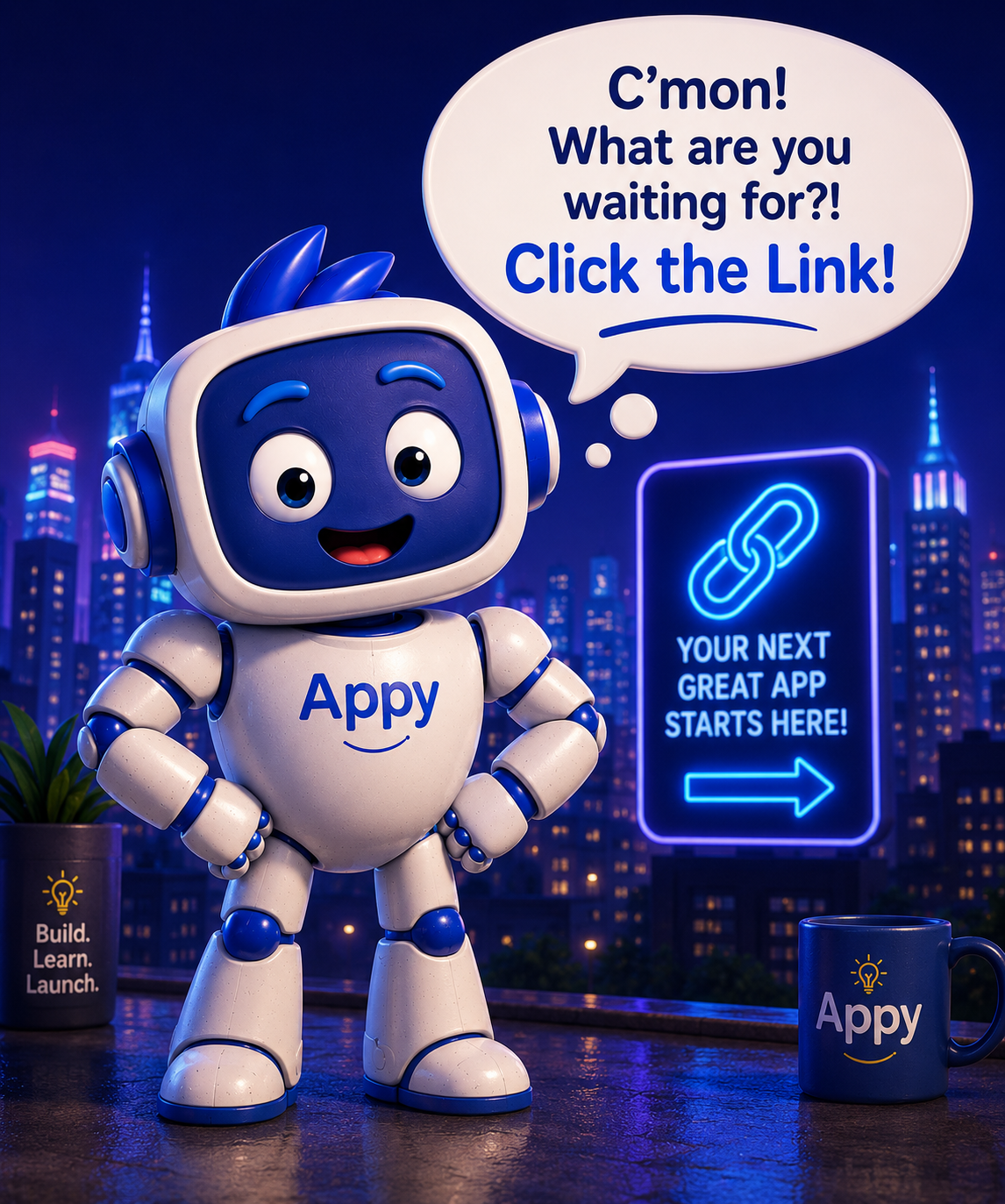 Appy encouraging visitors to click the link